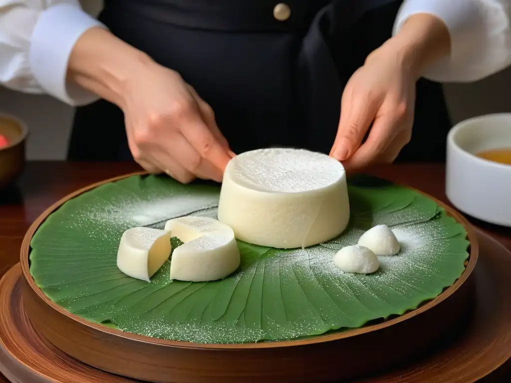 Artesanía del mochi: moldeado con destreza y amor El maestro prepara mochi con maestría, resaltando la meticulosidad y suavidad del arroz