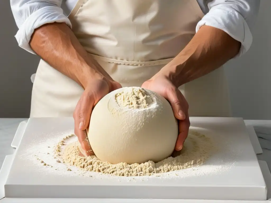 Un maestro panadero amasando con destreza una bola de masa de harina de centeno sobre una elegante encimera de mármol