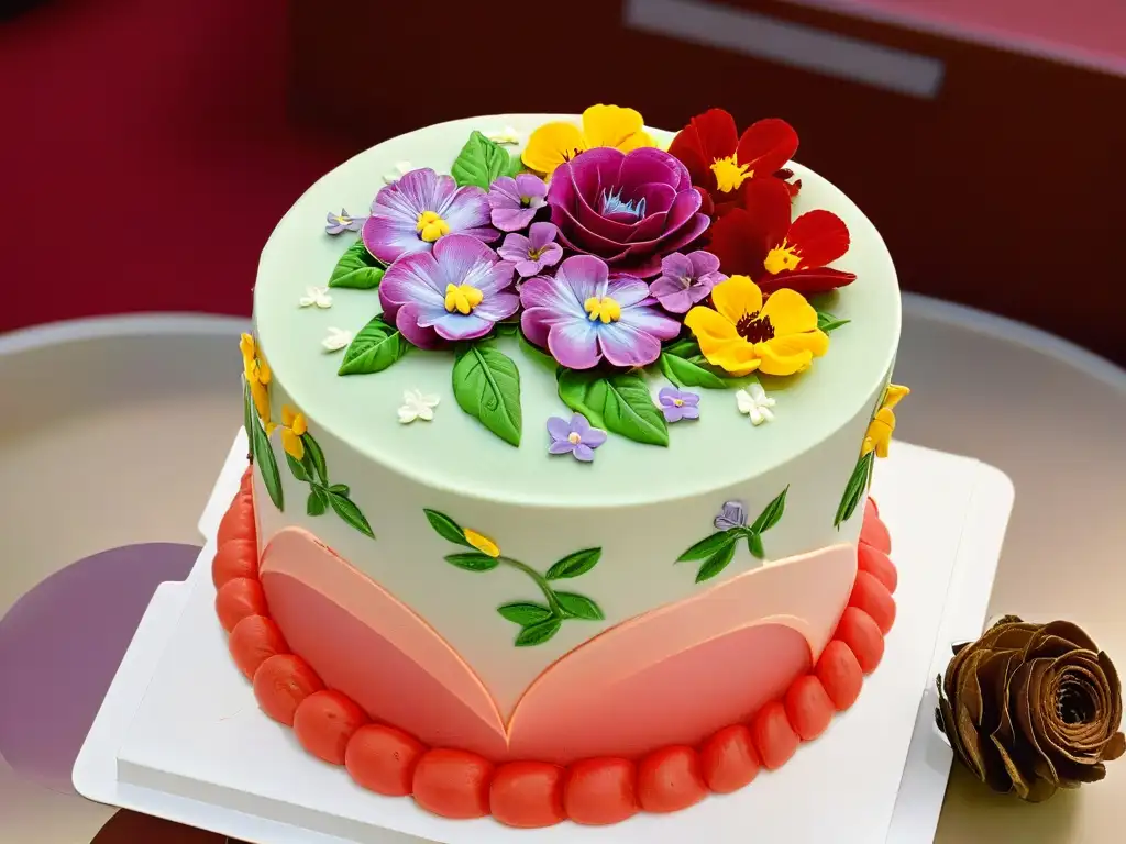 Un maestro pastelero sin gluten crea arte comestible en un pastel decorado, enfocando en cada detalle