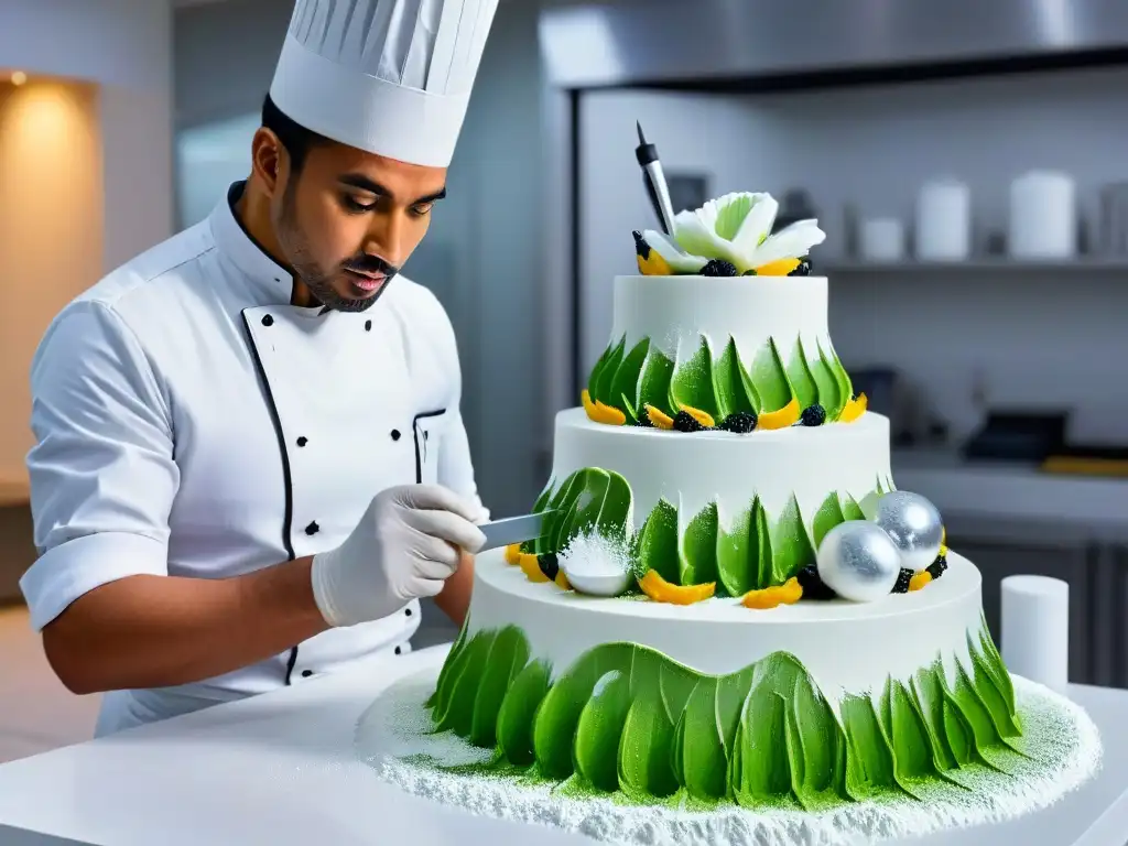 Un maestro pastelero esculpe una detallada escultura de azúcar rodeado de colores y herramientas