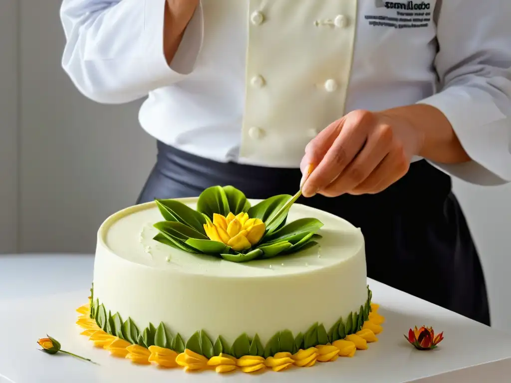 Un maestro pastelero crea una flor de azúcar con destreza y precisión