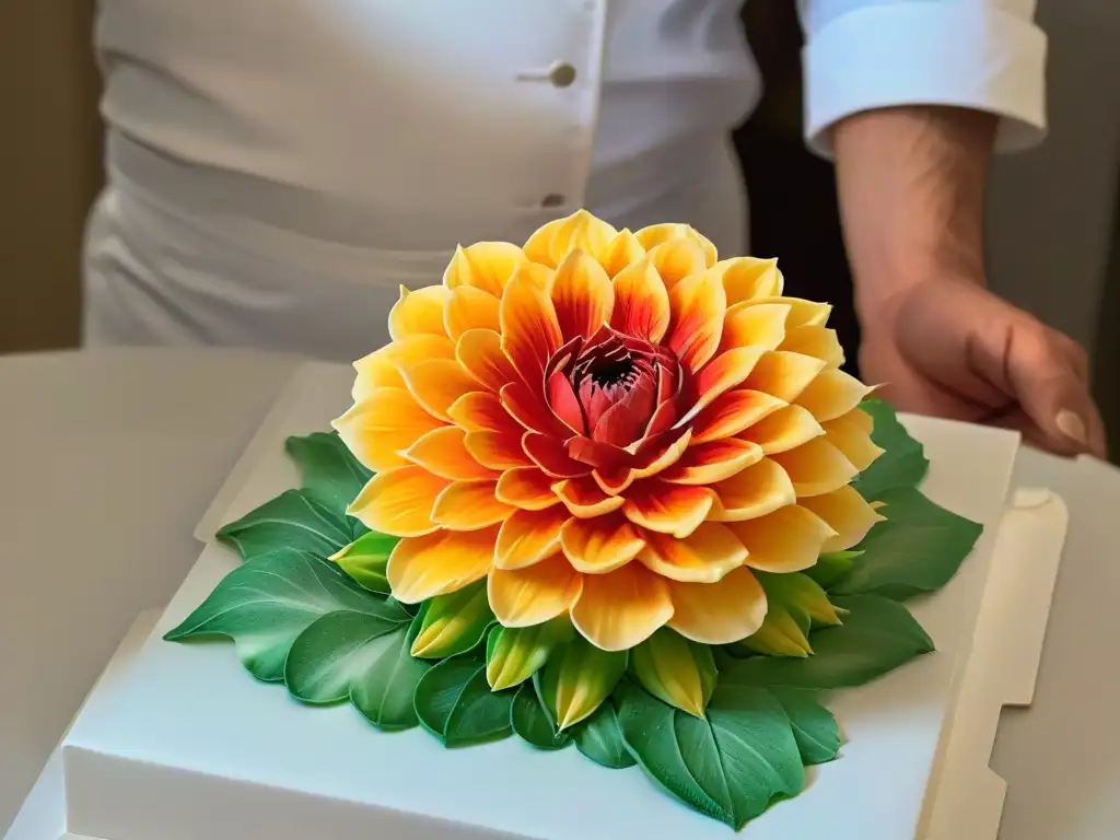 Maestro pastelero crea flor de azúcar detallada en talleres avanzados repostería