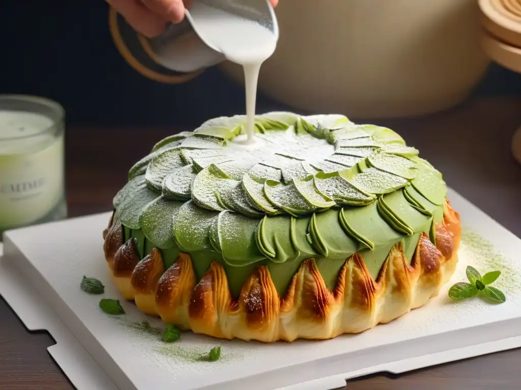 Maestro pastelero fusionando masa de croissant con relleno de té matcha