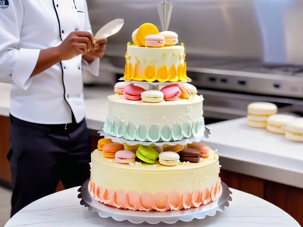 Un maestro pastelero decorando con precisión un pastel de bodas en una cocina moderna y elegante