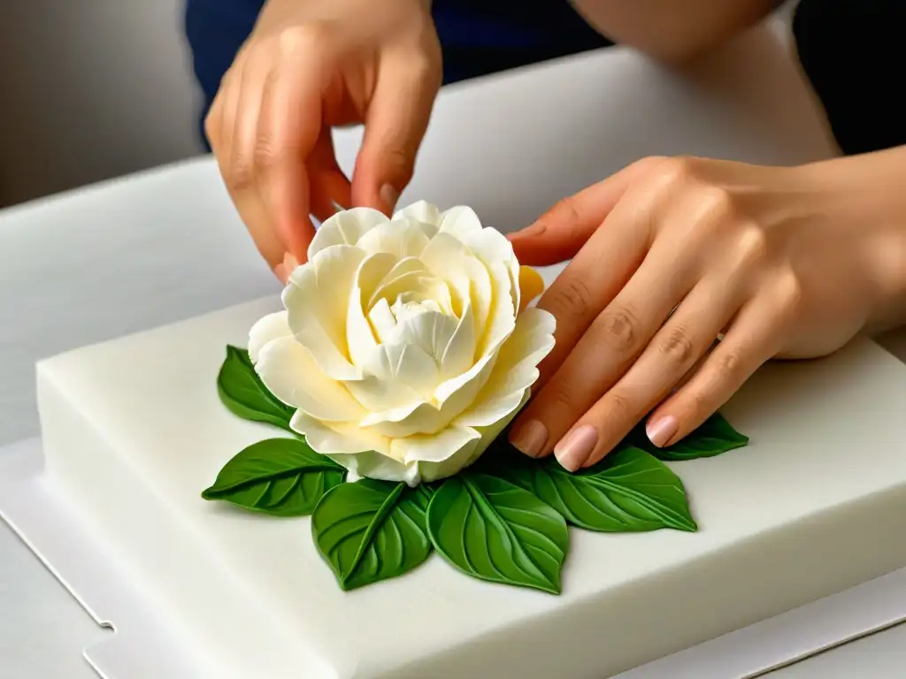 Maestro pastelero moldea con destreza una flor de azúcar Un maestro de la repostería moldea con destreza una delicada flor de azúcar, detalle y habilidad en cada pétalo y hoja