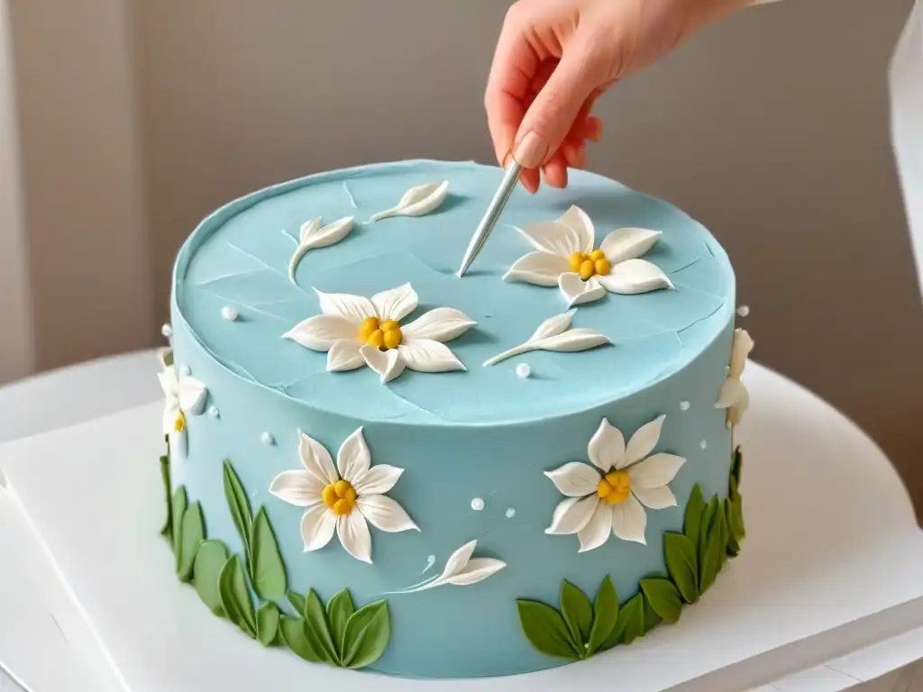 Arte en fondant: manos expertas esculpen flores con precisión Un maestro repostero moldea flores de fondant con técnicas avanzadas de decoración de tortas
