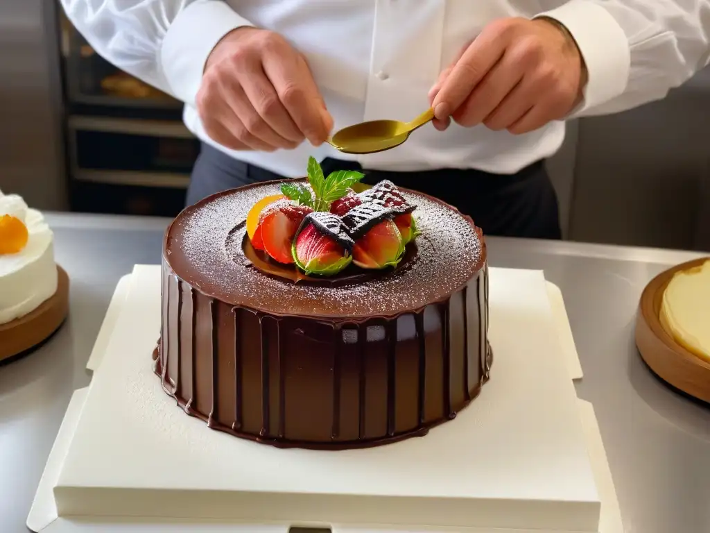 El maestro repostero ensambla con precisión una Tarta Dobos receta tradicional en una cocina impecable