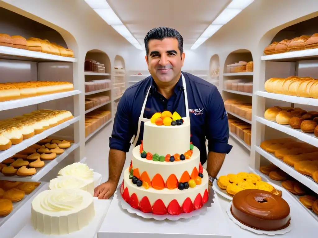 Un maestro repostero Buddy Valastro decorando una torta con detalle, rodeado de delicias recién horneadas