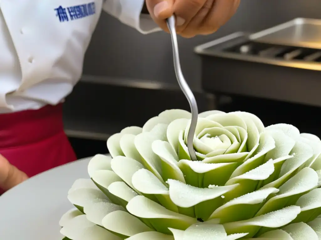 Maestros repostería gourmet mundial moldeando una delicada flor de azúcar con precisión artística