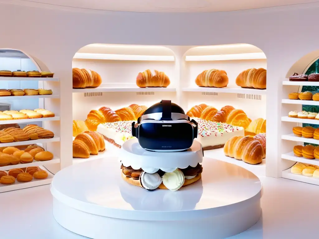 Experimenta la magia de aprender repostería en realidad virtual con un casco rodeado de delicias pasteleras en un entorno futurista y tranquilo