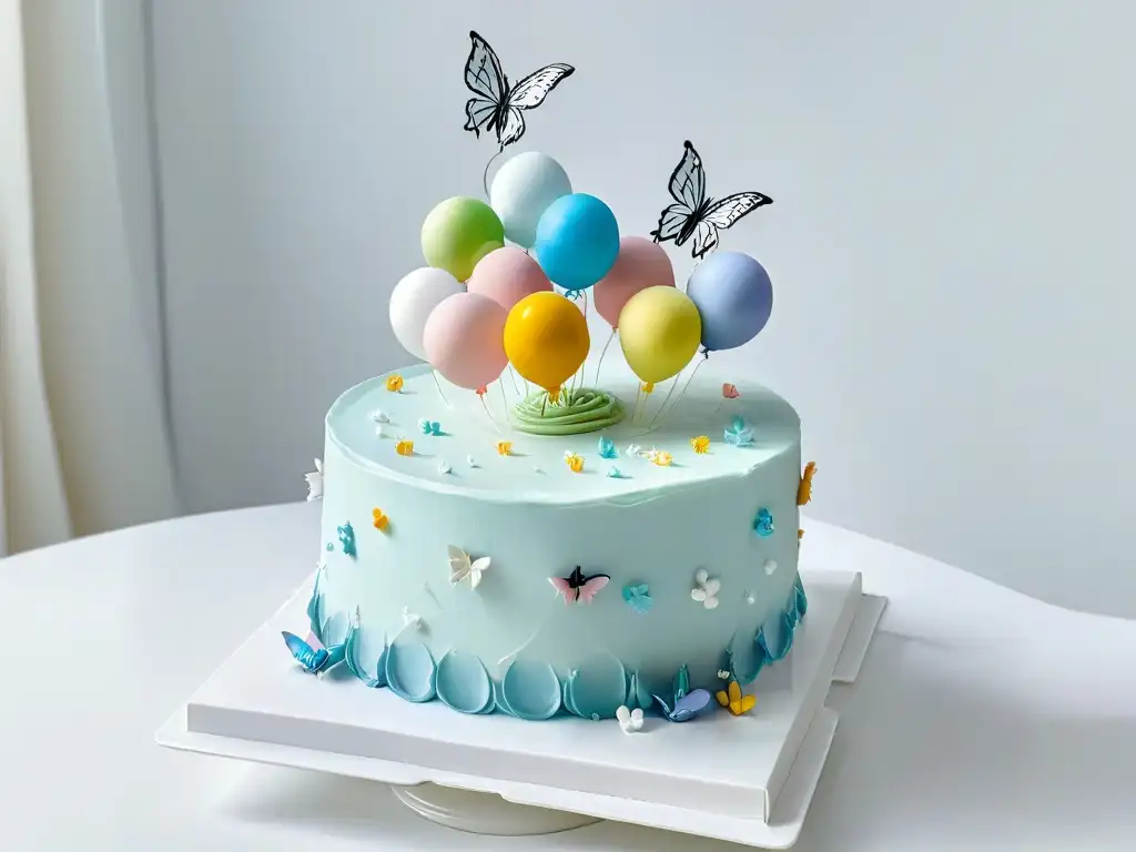 Pastel de fondant con globos y flores: arte dulce y colorido Un mágico pastel decorado con globos de colores y flores azucaradas, en una fiesta infantil
