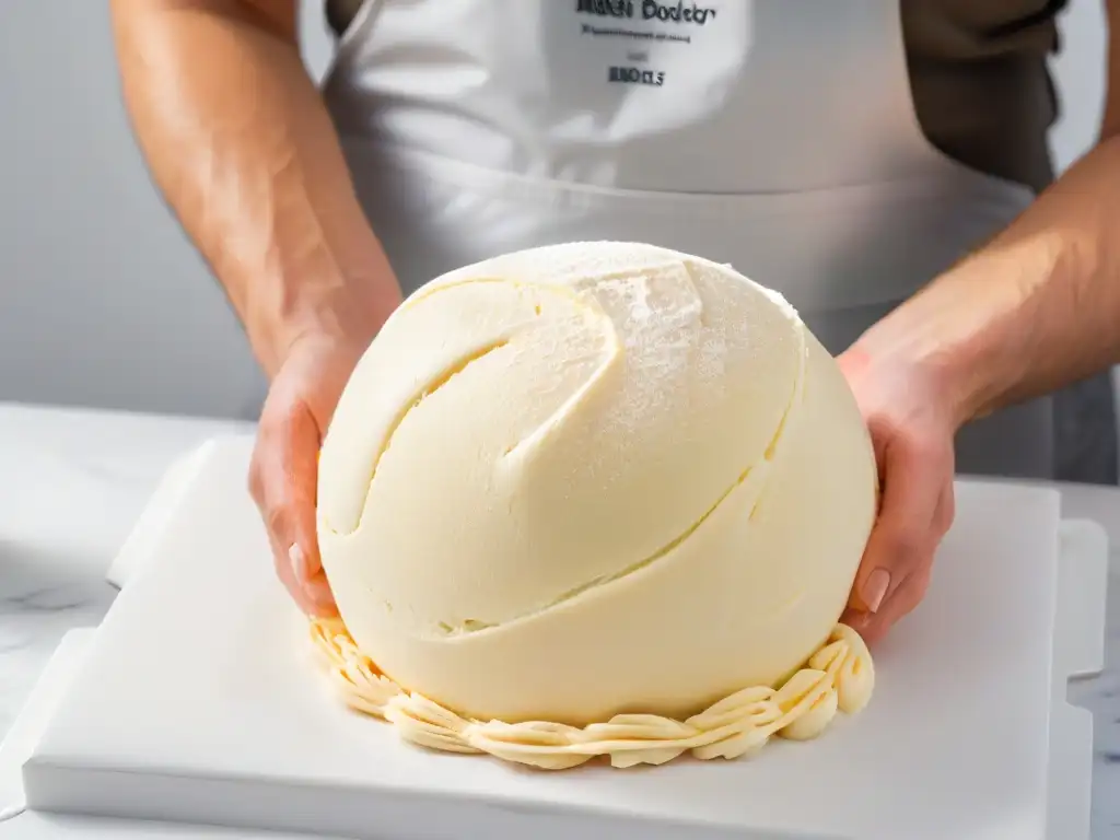 Magistral manejo del gluten en repostería: manos de panadero moldean con destreza masa de pan sobre elegante encimera de mármol blanco