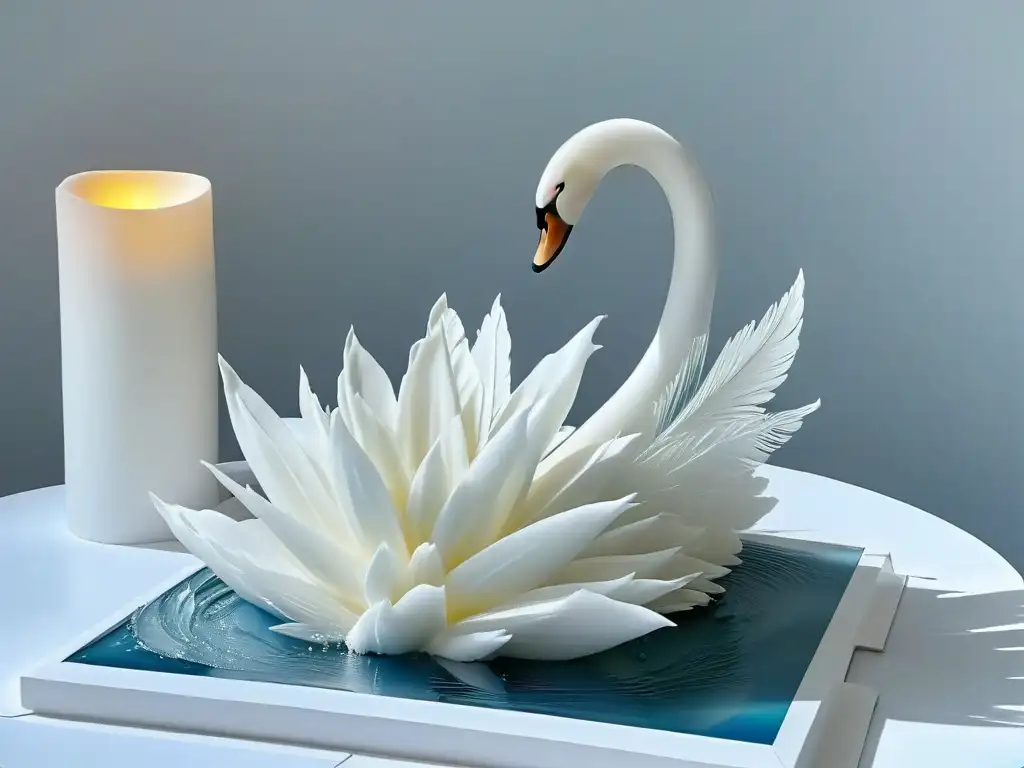 Una majestuosa escultura de azúcar con un cisne perfectamente detallado sobre un estanque sereno, ideal para eventos elegantes