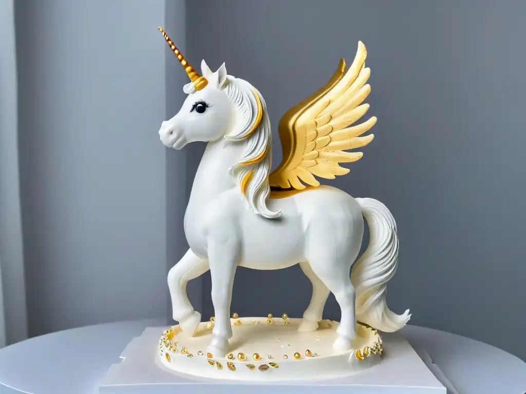 Una majestuosa escultura de azúcar de un unicornio en un pedestal blanco moderno