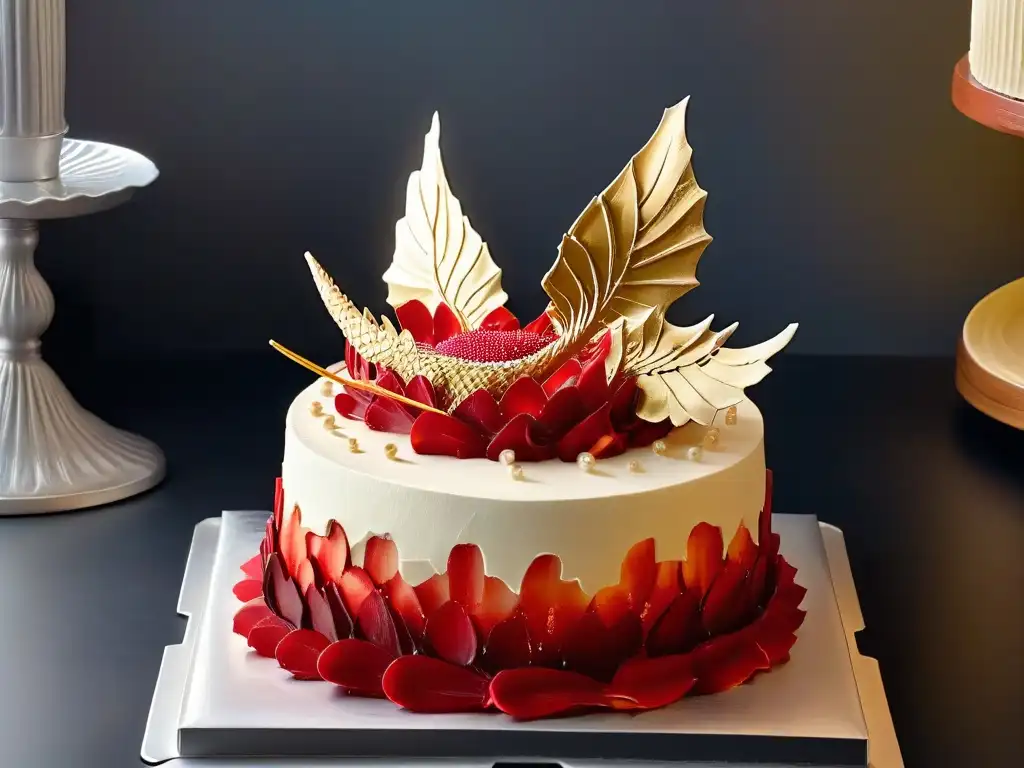 Una majestuosa obra de arte comestible inspirada en un dragón, decorada con escamas de fondant en tonos rojos y dorados