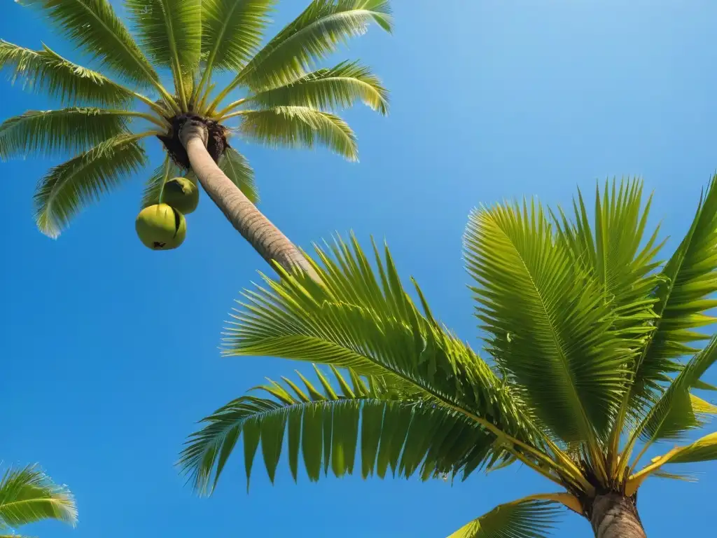 La majestuosidad de un cocotero en armonía con el cielo azul, simbolizando los beneficios del azúcar de coco