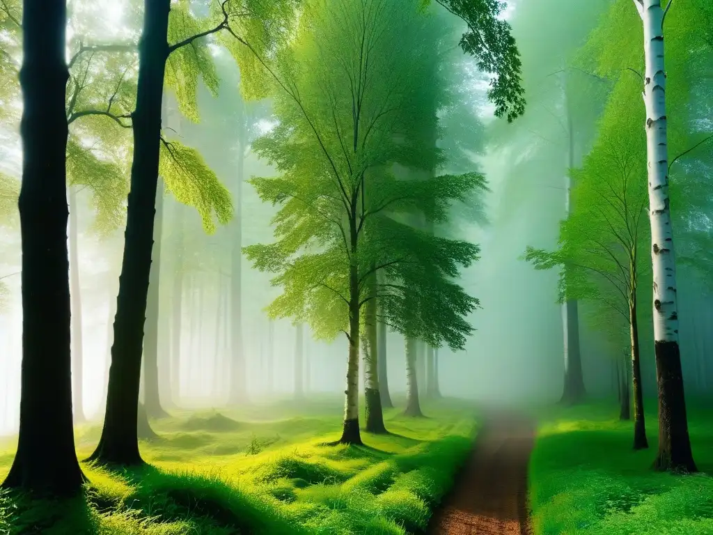Un majestuoso árbol de abedul en un bosque sereno, evocando los beneficios del azúcar de abedul