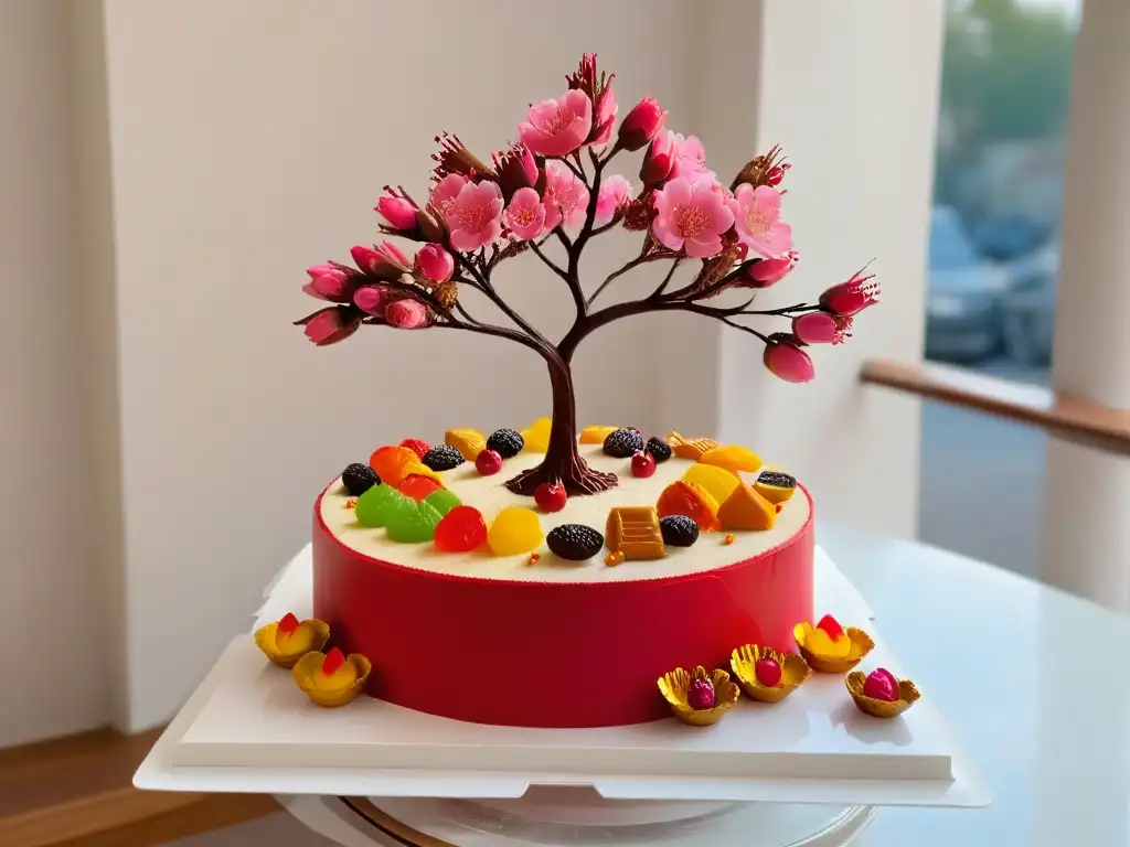 Un majestuoso árbol de cerezo de postres del Año Nuevo Chino fusiona tradiciones dulces en una obra detallada y colorida