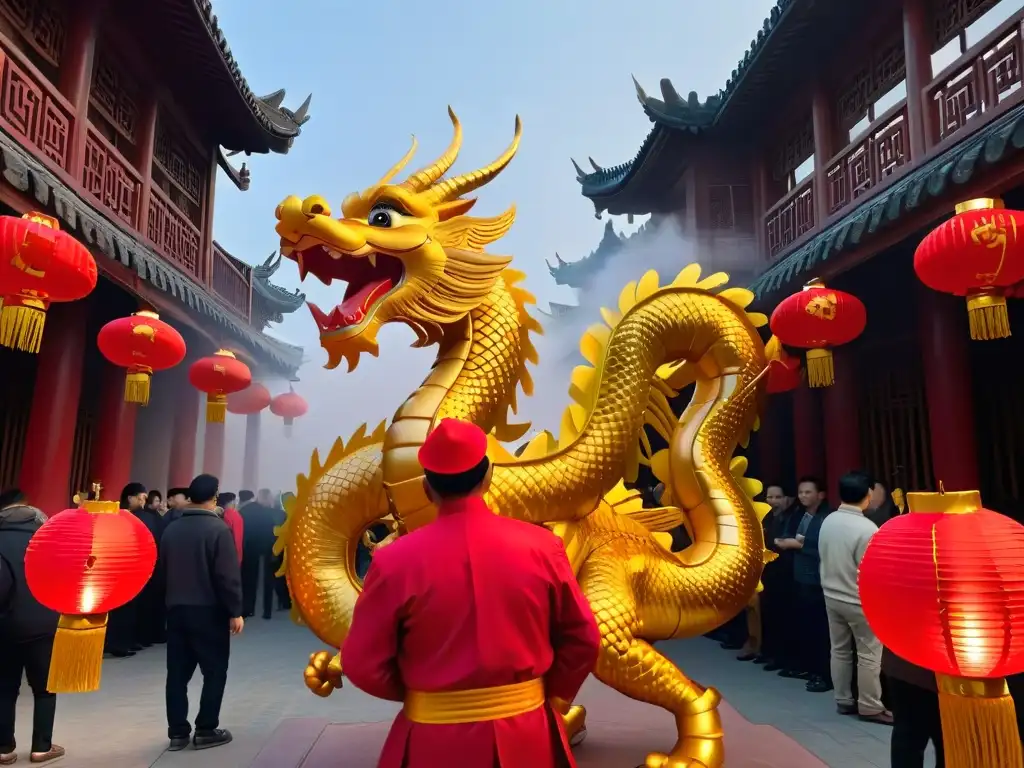 Un majestuoso dragón chino dorado danza entre linternas rojas y doradas, simbolizando suerte y prosperidad en las celebraciones del Año Nuevo Chino