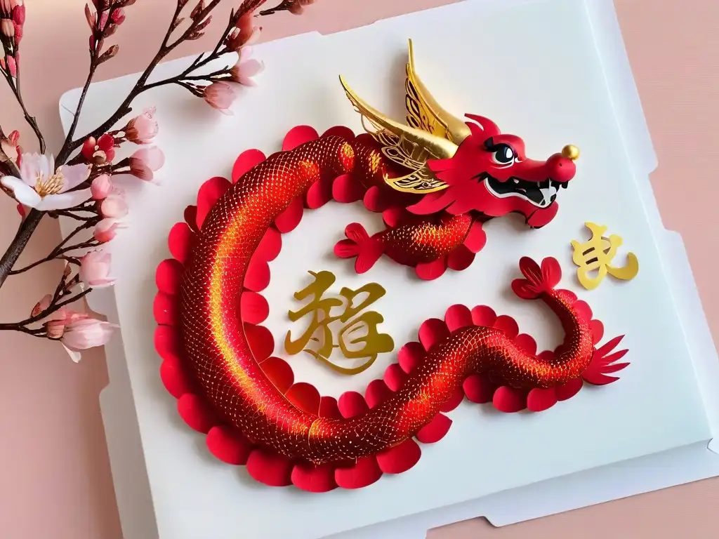 Un majestuoso dragón chino rojo y dorado se enrosca entre ramas de cerezo en flor, simbolizando prosperidad y nuevos comienzos