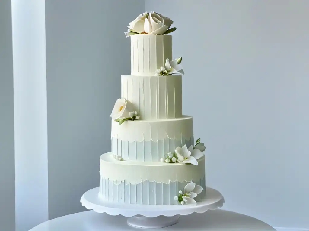 Un majestuoso pastel de boda 3D con encajes, flores y detalles metálicos, fusionando modernidad y elegancia tradicional