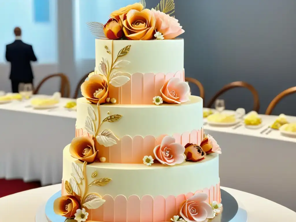 Un majestuoso pastel de boda de lujo en cinco niveles, decorado con flores de azúcar en tonos rosados, marfil y dorado