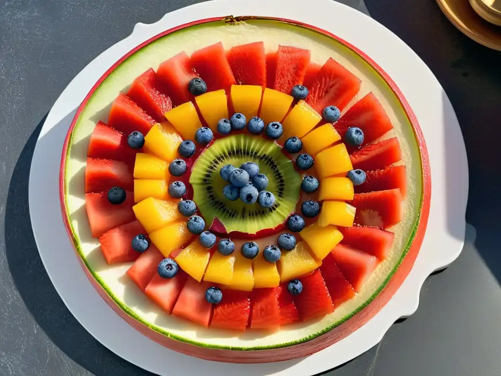 Un mandala de frutas veraniegas celebra el solsticio en una superficie de mármol blanco