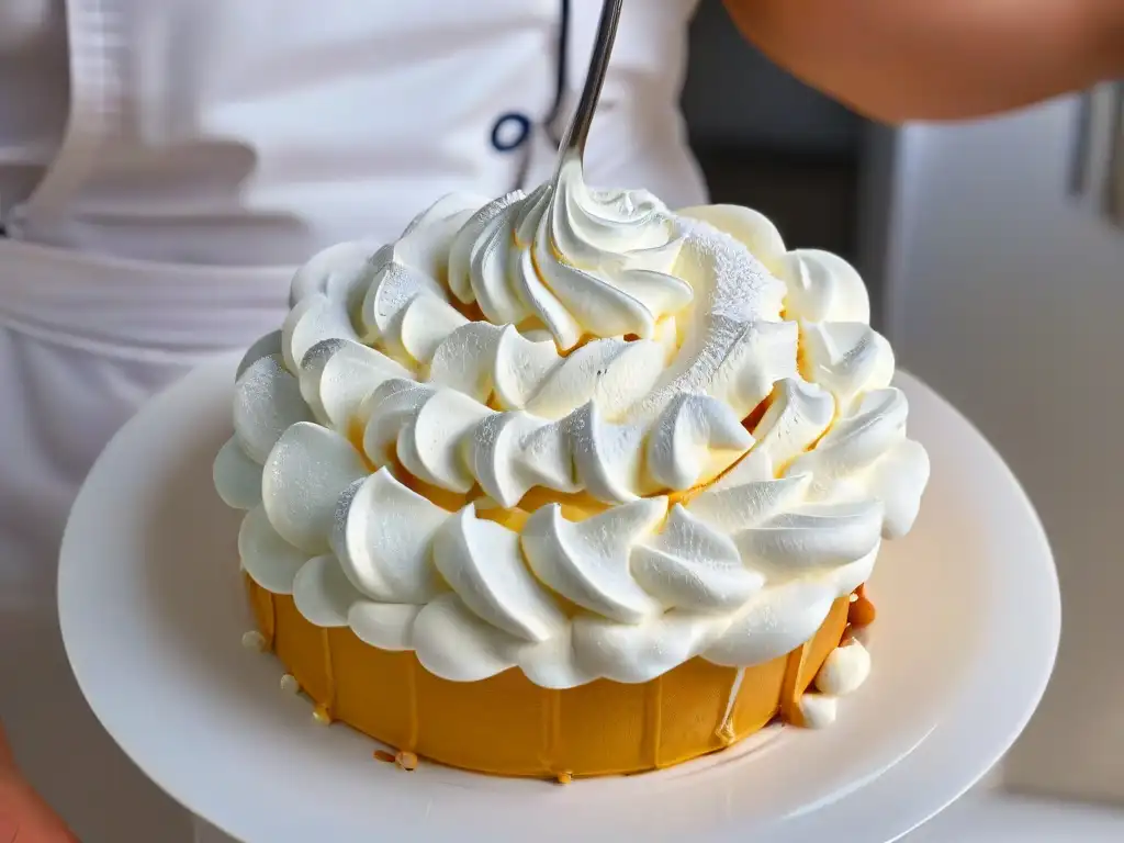 Manejo imprevistos concurso repostería: Chef bate merengue con destreza y enfoque en concurso pastelería