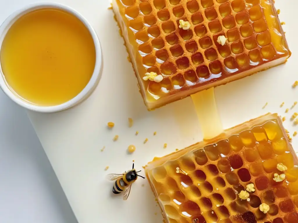 Dulce cascada de miel sobre panal dorado y polen de abeja Un manjar dorado: polen de abeja sobre panal de miel, resaltando los beneficios del polen en postres