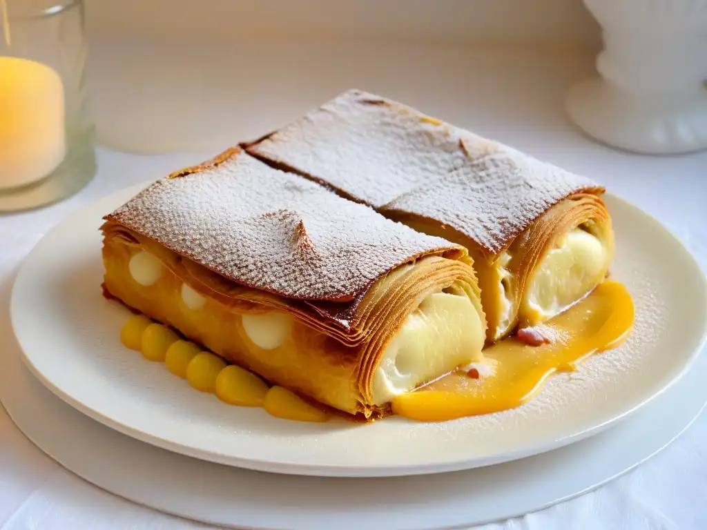 Un manjar visual: Detalle de un apetitoso strudel de manzana rodeado de vapor, con helado de vainilla