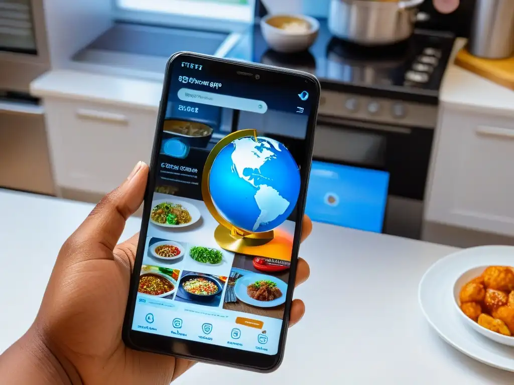 Mano sostiene móvil con app de cocina global en AR