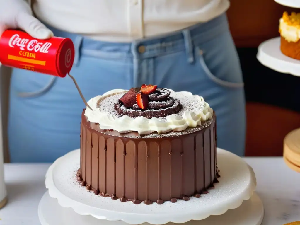 Mano espolvoreando cacao comercio justo sobre un pastel, resaltando los mejores ingredientes repostería comercio justo