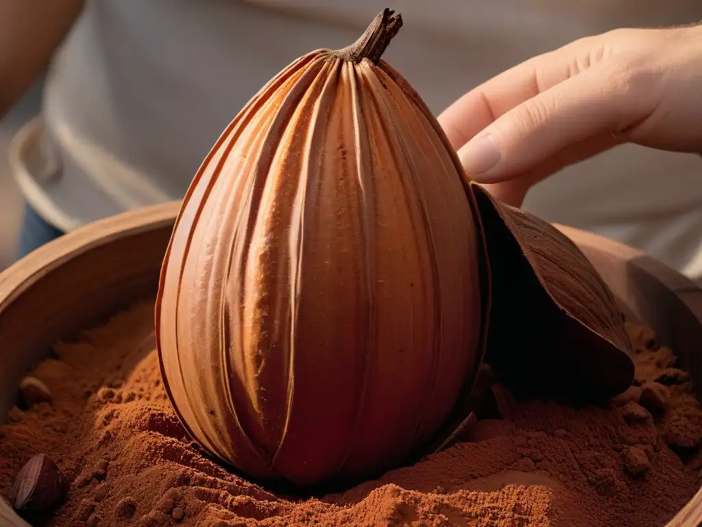 Mano sosteniendo un cacao maduro, resaltando su belleza natural