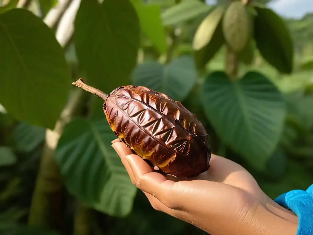 Mano sosteniendo un cacao maduro de Comercio Justo para repostería, resaltando texturas y colores