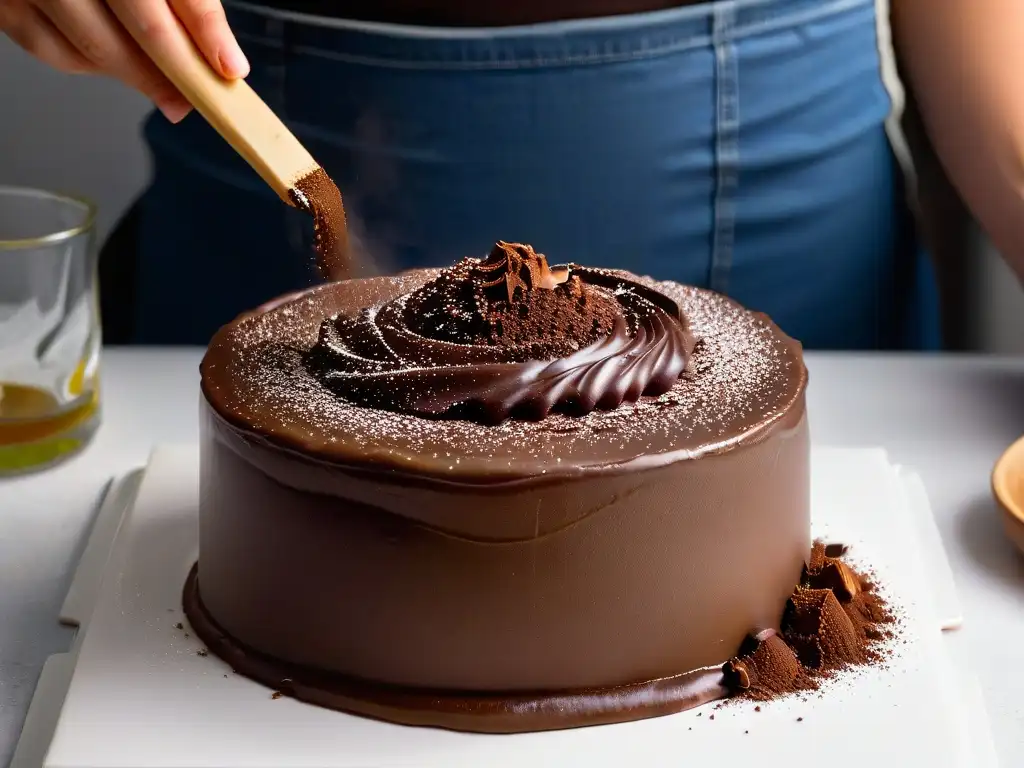 Mano espolvoreando cacao en masa de pastel de chocolate en cocina moderna