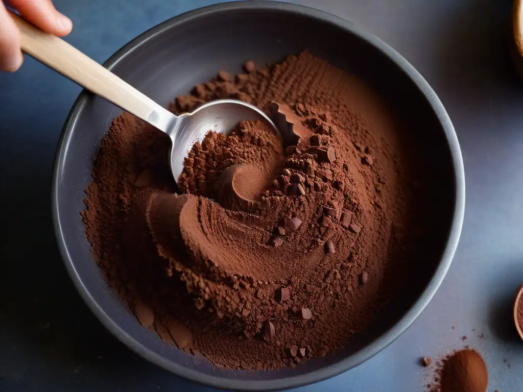 Mano mezclando cacao en polvo de Comercio Justo en masa, resaltando la importancia de Ingredientes Comercio Justo repostería