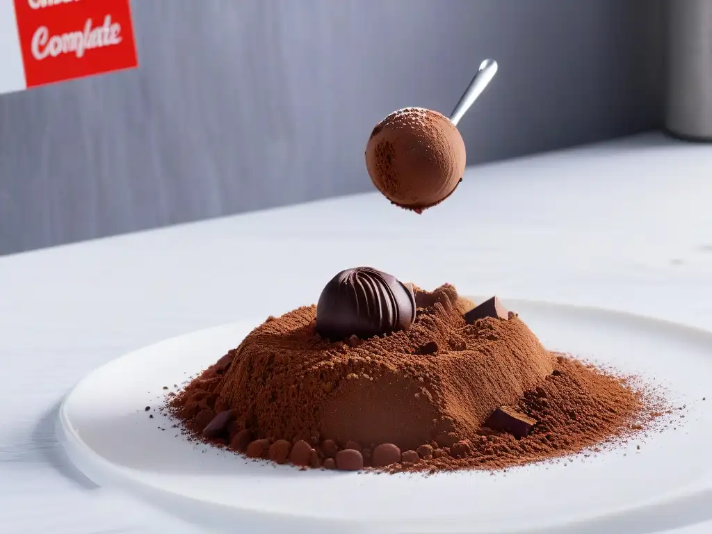 Delicada decoración de trufas de chocolate belga con cacao en polvo Mano espolvoreando cacao sobre trufas de chocolate belga en mármol blanco