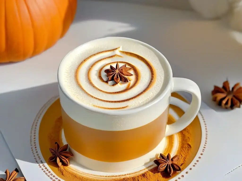 Un mano espolvoreando canela sobre un Pumpkin Spice Latte casero en vaso transparente