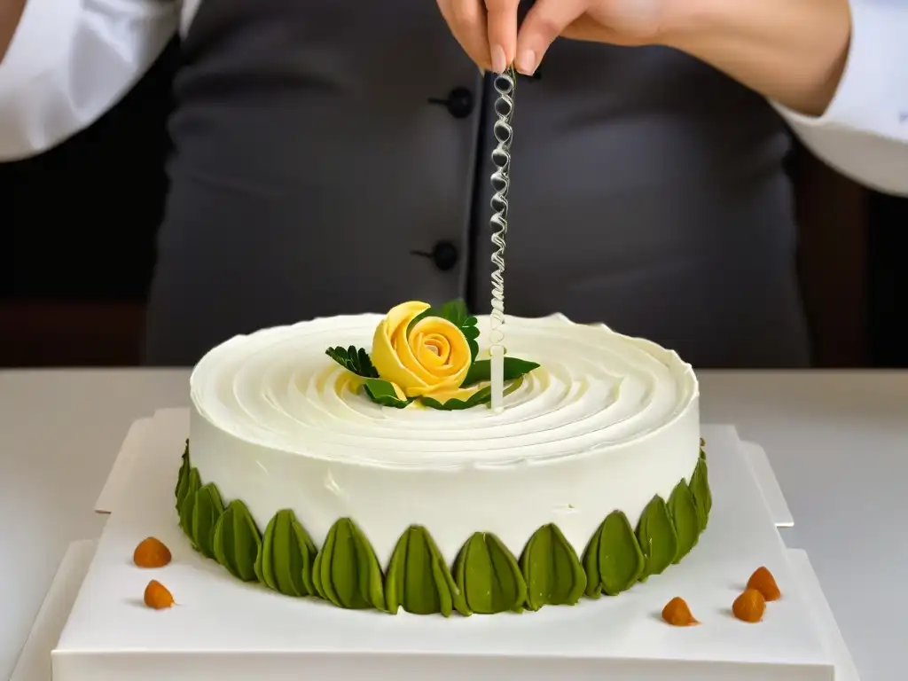 Mano de chef decorando pastel en concurso de repostería, destreza y precisión en movimiento