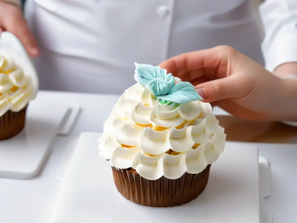 Mano decorando un cupcake con cuidadosa precisión, en repostería adaptada para túnel carpiano