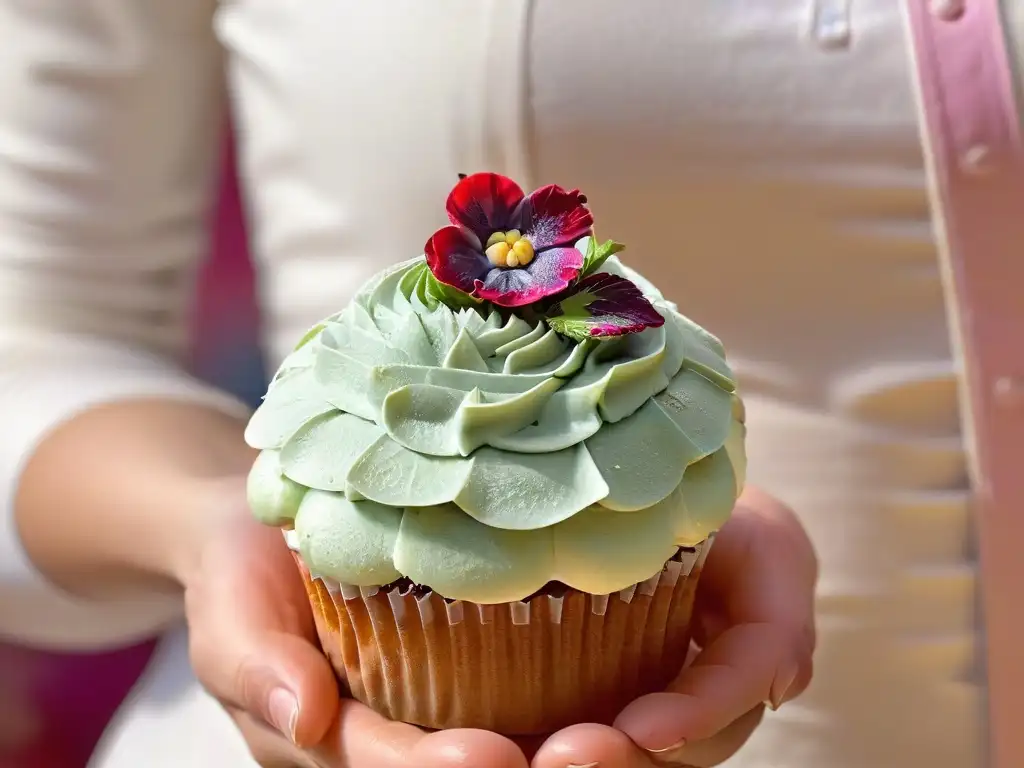 Mano sosteniendo un cupcake decorado con flores comestibles y glaseado eco-friendly