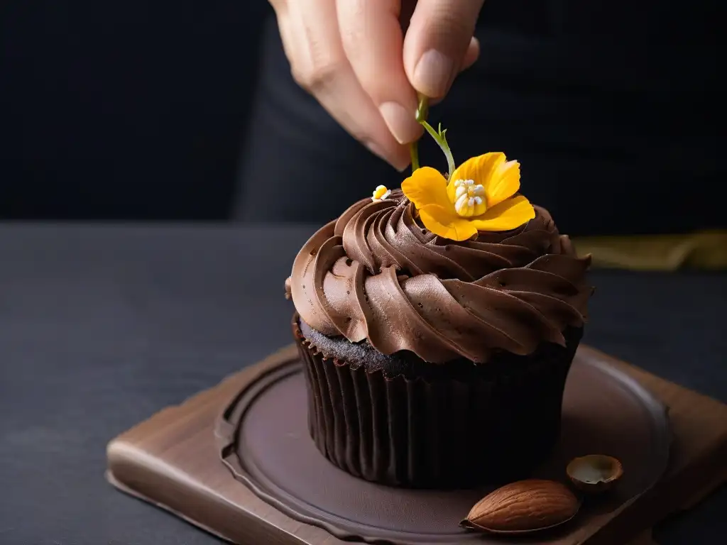 Mano sosteniendo cupcake con detalles de comercio justo y frosting brillante