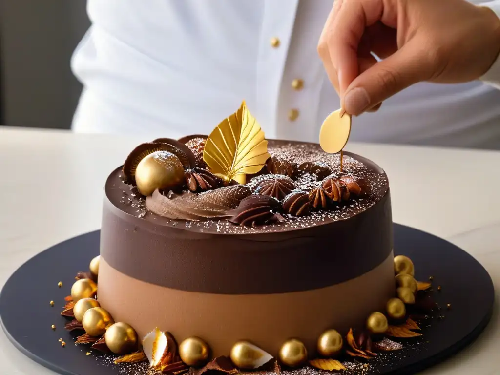 Mano colocando con delicadeza hoja de oro sobre postre de chocolate, detalle y elegancia