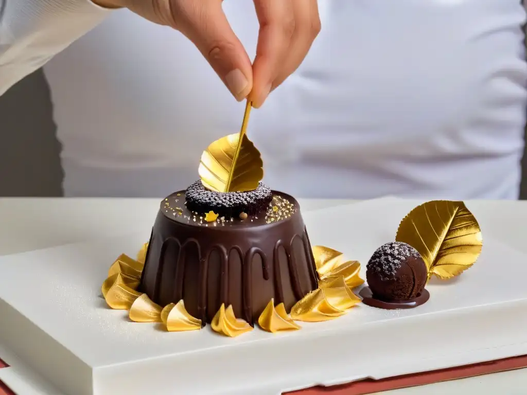 Mano colocando con delicadeza hoja de oro sobre trufa de chocolate, en proceso detallado de postres de lujo para cenas