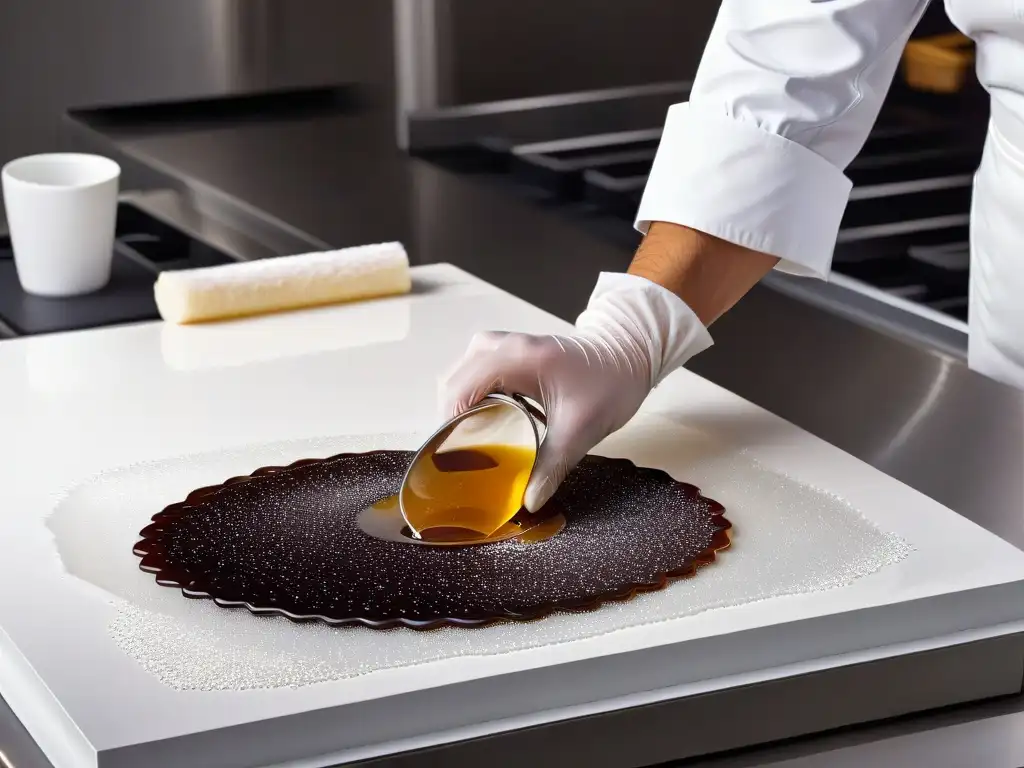 Mano creando delicados hilos de azúcar para Caramelos de cristal repostería molecular en cocina moderna