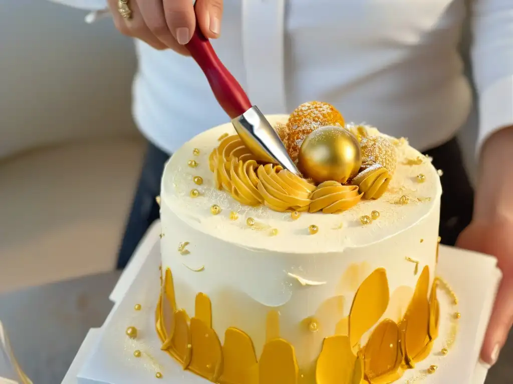 Mano detallada decorando pastel con pintura comestible para repostería en dorado vibrante