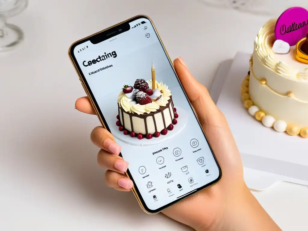 Mano con elegantes anillos de chef decorando una app de pastelería creativa en móvil, en cocina moderna