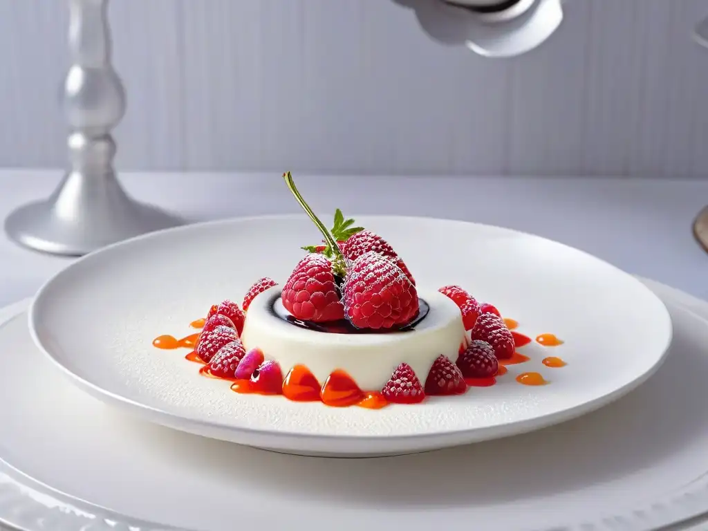 Mano colocando esferificaciones de frambuesa en postre blanco