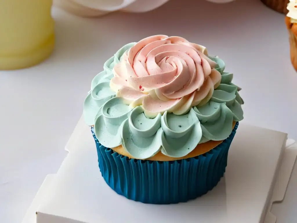 Mano experta decorando cupcakes cumpleaños profesional con remolinos de buttercream pastel