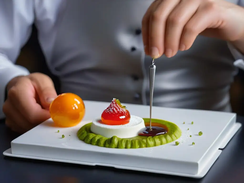 Mano experta en repostería molecular coloca salsa con precisión en postre fino